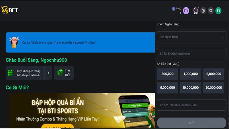 Người chơi cần điền chính xác tài khoản ngân hàng chính chủ khi rút thưởng